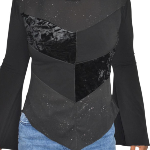 Vintage Ludmilla Bell Sleeve Top Black Velvet Sparkle Y2K France Patchwork Small - Picture 4 of 16